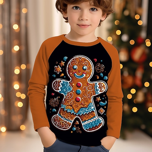 

Natal Para Meninos 3D Gingerbread Men Camisa manga raglã Manga Longa Impressão 3D Outono Inverno Esportes Moda Roupa de rua Poliéster Infantil 3-12 anos Gola Redonda Ao ar livre Casual Diário Normal