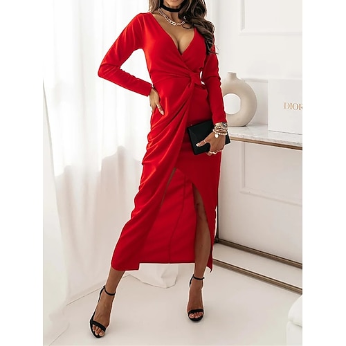 

Women's Party Dress Cocktail Dress Wedding Guest Dress Midi Dress Black Wine Red Long Sleeve Pure Color Ruched Spring Fall Winter V Neck Fashion Winter Dress Christmas Wedding Guest 2023 S M L XL XXL