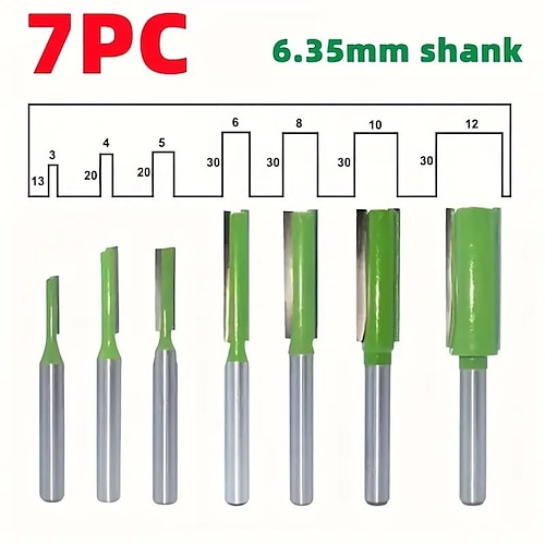 

7 Stück, 1/4 Zoll, 6,35 mm Schaft, Einzel-Doppelnut, gerader Bit-Fräser für Holz, Wolframkarbid-Fräser, Holzbearbeitungswerkzeug