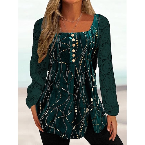 

Femme Chemise Chemisier Vert Rayé Dentelle Bouton Imprimer manche longue Soirée Noël Casual Fête / Célébration Col Carré Standard Printemps Automne