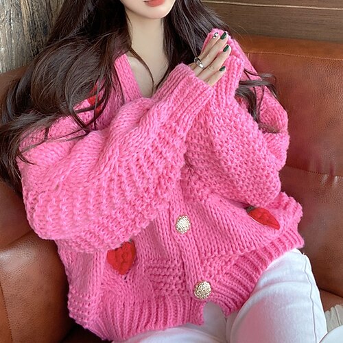 

Mujer Chaqueta de Punto Puente Estriado Cable Tejer Corto Retazos Botón Fruta Escote en Pico Elegante Casual Exterior Diario Otoño Invierno Blanco Rosa Tamaño Único