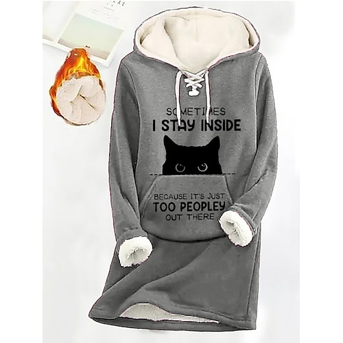 

Women's Hoodie Dress Casual Dress Mini Dress Sherpa Fleece Lined Warm Outdoor Going out Weekend Hoodie Pocket Print Cat Letter Loose Fit Dark Pink Blue Gray S M L XL XXL