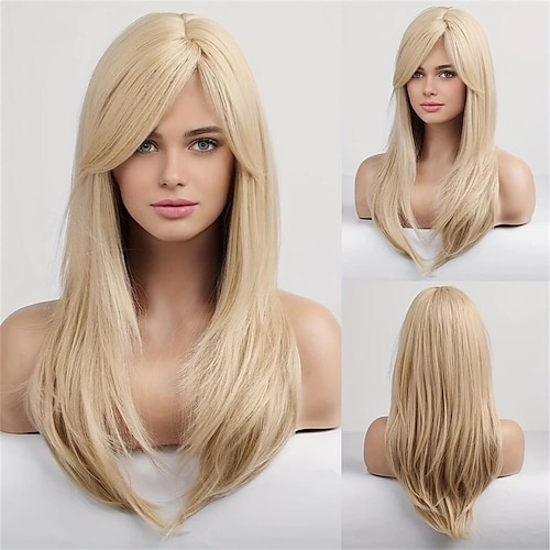 

Ombre Blonde Long Wigs Straight Wig With Bangs Highlights Wig For Women,Layered Synthetic Hair Wig For Daily Party Christmas Party Wigs