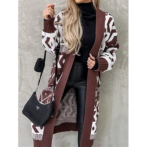 

Mulheres Sueter Cardigan Abertura Frontal Estriado Tricotar Acrílico Patchwork Outono Inverno Longo Ao ar livre Diário Para Noite à moda Casual Macia Manga Longa Geométrica Listrado Preto Marron S M L