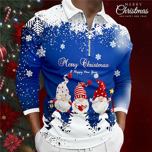 

Santa Claus Snowflake Men's Casual Print 3D Zip Polo Golf Polo Outdoor Casual Daily Streetwear Christmas Polyester Long Sleeve Turndown Zip Polo Shirts Blue Fall & Winter S M L Lapel Polo