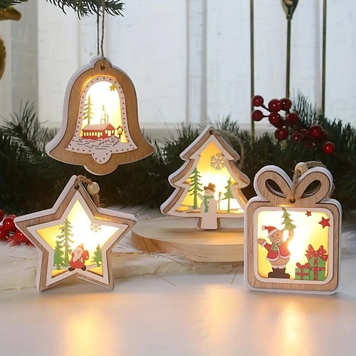 

1pc Christmas Decorations, Wooden Pentagram Bell Gift Bag Ornament Button Electronic Light Home Window Christmas Tree Wreath Pendant, Home Decor Room Decor Theme Party Decor, Christmas Decorations