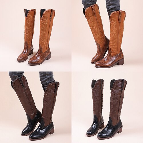 

bottes de cowboy à bout pointu pour femmes, style rétro western resort, motif tissé, design tissé, coutures en cuir artificiel, talon épais