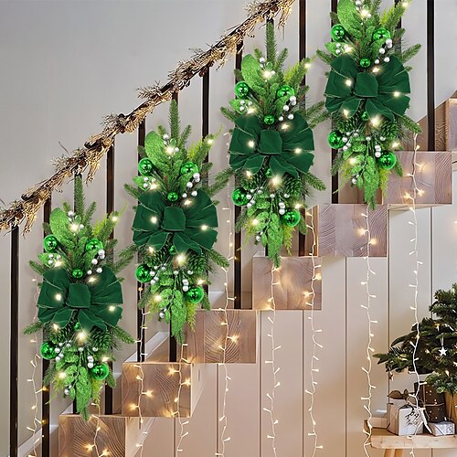 

Künstliche Weihnachtstreppe, Blumenring, Kranz, Treppe, Tür, hängende Dekoration, 60 x 30 cm, mit 3 m 30 LED-Licht (ohne 2 x AA-Batterie)