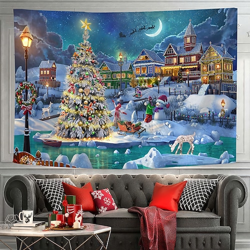 

Christmas View Hanging Tapestry Wall Art Xmas Large Tapestry Mural Decor Photograph Backdrop Blanket Curtain Home Bedroom Living Room Decoration