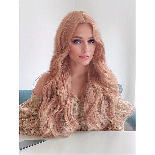 

24 Inch Synthetic Pink Long Curly Wig For Cosplay, Halloween And Christmas With Center Parting And No Bangs