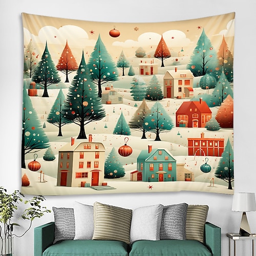 

Tapiz colgante de ciudad navideña, arte de pared, tapiz grande de Navidad, decoración mural, fotografía, telón de fondo, manta, cortina, hogar, dormitorio, sala de estar