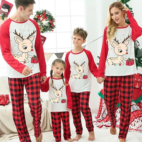 

Famille Noël Pyjamas Plaid Pyjamas de Noël mignons Intérieur Imprimer Rouge manche longue Tenues maman et moi Actif Tenues assorties