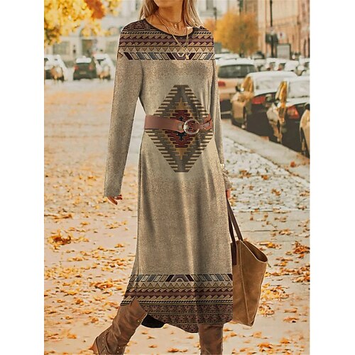 

Damen Winter Kleid Ethnisches Kleid Geometrisch Farbblock Bedruckt Mit Gürtel Rundhalsausschnitt Midikleid Vintage Ethnisch Outdoor Täglich Langarm Lockere Passform Wein Blau Khaki Herbst Winter S M