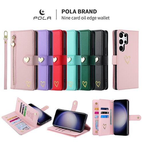 

telefone Capinha Para Samsung Galaxy S23 S22 S21 S20 Ultra Plus FE A54 A34 A14 nota 20 10 Capa para Cartão Wallet Zíper com pulseira Pata de Apoio Côr Sólida Coração TPU Couro PU