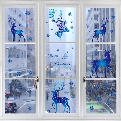 

5 Stück Weihnachtsdekoration Schneeflockenaufkleber Glasfensterdekoration Aufkleber Weihnachten blaue Schneeflocke Elch statische Aufkleber