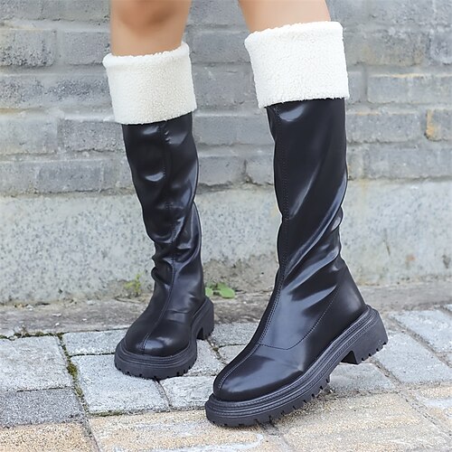 

Women's Boots Plus Size Outdoor Daily Fleece Lined Knee High Boots Chunky Heel Round Toe Vintage Plush Minimalism PU Loafer Solid Color Black Beige