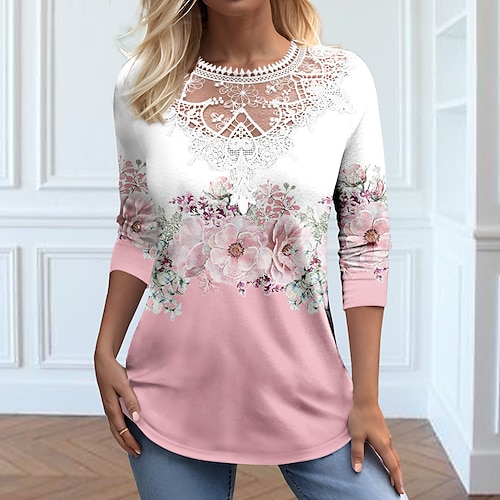 

Femme T shirt Tee Rose Claire Bleu Violet Floral Dentelle Imprimer manche longue Vacances Fin de semaine Mode Col Rond Standard Fleur Peinture Printemps Automne