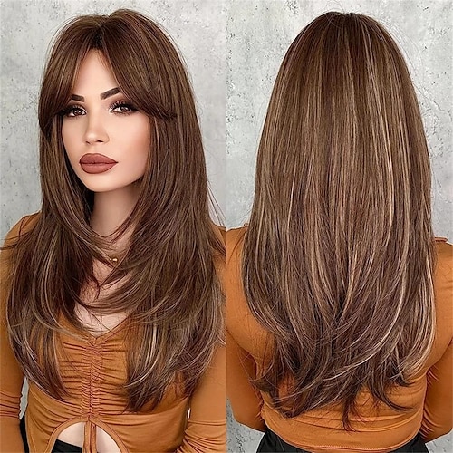 

Long Wavy Layered Wigs With Bangs Shoulder Length Glueless Hair Wigs 26 Inch Natural Looking Heat Resistant Synthetic Hair Wigs For Daily Party Use