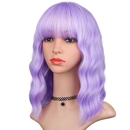 

Perruque Bob bouclée et ondulée pour femmes, perruque violette, longueur d'épaule de 14 pouces, perruque colorée, perruque de fête de cosplay d'halloween, perruque de fête de noël