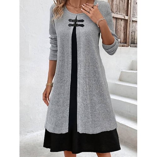 

Women's Sheath Dress Plain Dress Midi Dress Patchwork Fake two piece Daily Vacation Weekend Fashion Streetwear Crew Neck Long Sleeve 2023 Regular Fit Gray Color S M L XL XXL Size