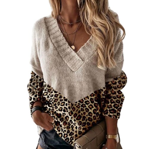 

mujer cuello en pico suéter leopardo bloques jersey jersey punto acanalado poliéster estampado otoño invierno regular al aire libre diario salir moda casual suave manga larga rosa rojo caqui s m l