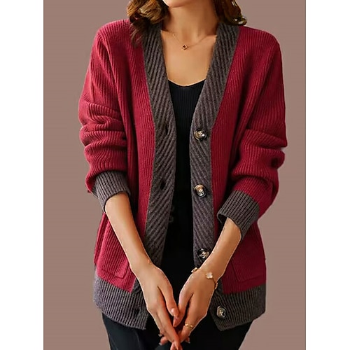 

femme noël cardigan pull veste col v tricot côtelé acrylique patchwork bouton poche automne hiver régulier extérieur quotidien noël sortir élégant décontracté manches longues armée vert rouge bleu