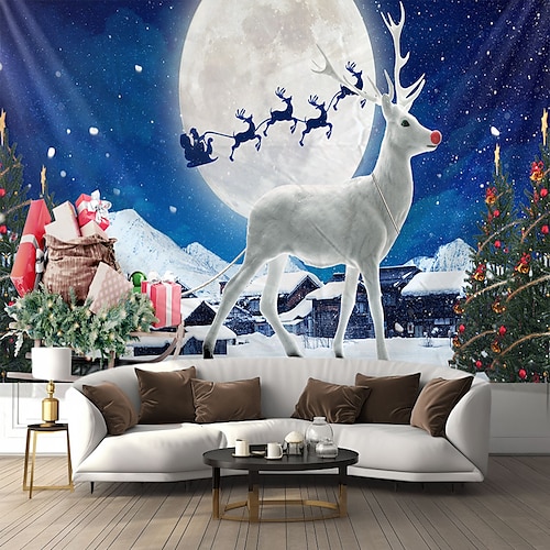 

Tapiz colgante de reno de Navidad, arte de pared, tapiz grande de Navidad, decoración mural, fotografía, telón de fondo, manta, cortina, hogar, dormitorio, sala de estar