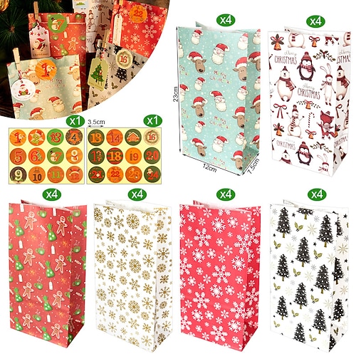 

24 Stück Geschenktüten für Weihnachten, Adventskalender-Geschenktüten, 24-Tage-Countdown-Kalender-Hängetüten, 2023 Weihnachts-Kraftpapier-DIY-Tasche mit Aufkleber