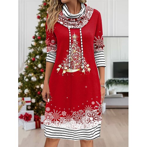 

Women's Casual Dress Hoodie Dress Midi Dress Warm Fashion Outdoor Christmas Holiday Hoodie Patchwork Print Christmas Tree Loose Fit Burgundy S M L XL XXL