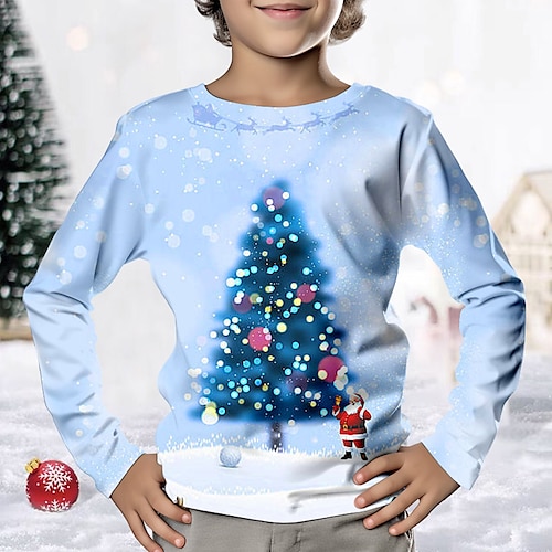 

Natal Para Meninos 3D Árvore de Natal Camiseta Camisa Manga Longa Impressão 3D Outono Inverno Esportes Moda Roupa de rua Poliéster Infantil 3-12 anos Gola Redonda Ao ar livre Casual Diário Normal