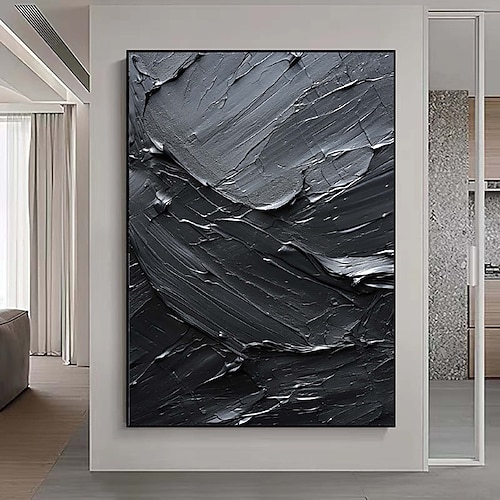  Handgefertigtes, rein schwarzes Strukturgemälde, handgemaltes Ölgemälde, Wandkunst, großes Gemälde, Spachtel, abstraktes Gemälde, handgemalte Acrylgemälde, Dekor, gerollte Leinwand