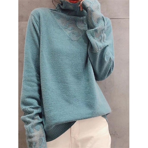 

Damen Pullover Rollkragen Gerippt Stricken Wolle Patchwork Spitzenbesatz Herbst Winter Standard Outdoor Täglich Ausgehen Stilvoll Brautkleider schlicht Weich Langarm Feste Farbe Schwarz Weiß Blau S M