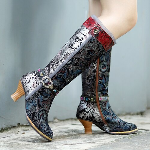 

Women's Boots Handmade Shoes Heel Boots Daily Knee High Boots Winter Lace Zipper Stiletto Heel Round Toe Vintage Fashion Elegant Leather Polyester Cowhide Zipper Floral Black