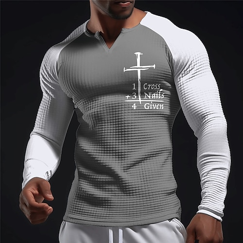 

Graphic Color Block Faith Daily Classic Outdoor Men's 3D Print T shirt Tee Raglan T Shirt Waffle T Shirt Sports Outdoor Casual Going out T shirt Black White Light Grey-White Long Sleeve V Neck Shirt