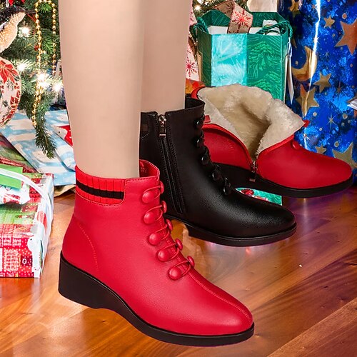 

Women's Boots Xmas Shoes Plus Size Height Increasing Shoes Party Outdoor Christmas Fleece Lined Booties Ankle Boots Winter Platform Wedge Heel Round Toe Vacation Vintage Fashion Suede Buckle Solid