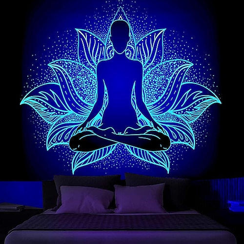 

Bohemian-Meditation, Schwarzlicht-Wandteppich, UV-reaktives Leuchten im Dunkeln, Buddha, Trippy Misty Chakra, hängender Wandteppich, Wandkunst-Wandbild für Wohnzimmer, Schlafzimmer