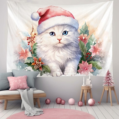 

Weihnachten süße Katze hängende Wandteppich Wandkunst Weihnachten großer Wandteppich Wanddekor Foto Hintergrund Decke Vorhang Zuhause Schlafzimmer Wohnzimmer Dekoration