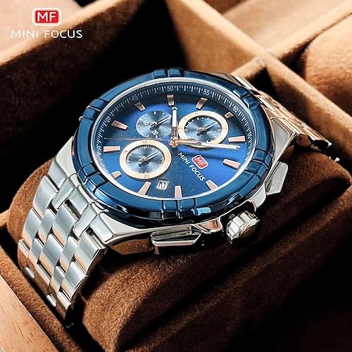 

MINI FOCUS Analog Quartz Watch Men Stainless Steel Black Waterproof Dress Wristwatch with Chronograph Date Luminous Hands 0471