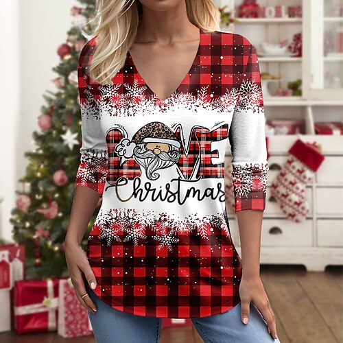 

Damen T Shirt Weihnachts-Shirt Rote Blau Orange Plaid Schneeflocke Bedruckt Langarm Weihnachten Wochenende Fest / Feiertage V Ausschnitt Regular Fit Farbe Frühling Herbst