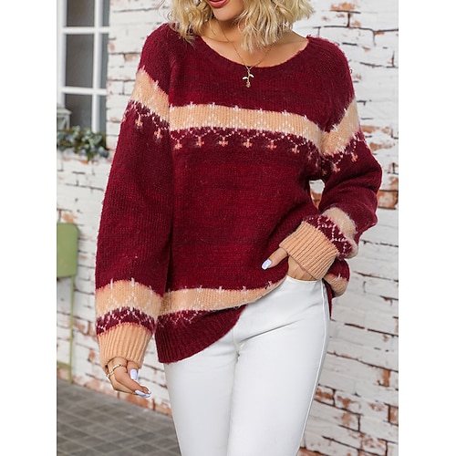 

Mujer Suéter de punto Puente Estriado Tejer Regular De Gran Tamaño Bloque de color Cuello Barco Elegante Casual Exterior Diario Otoño Invierno Vino S M L