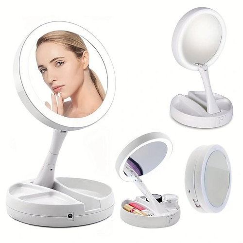 1pc Foldable Makeup Mirror With Led Light Storage Box Organizer, Double Sided 1X & 10X Magnifying Retractable Mirror For Table, Vanity, Cosmetic