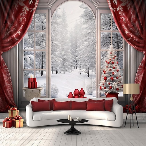 

Christmas Curtain Window Hanging Tapestry Wall Art Xmas Large Tapestry Mural Decor Photograph Backdrop Blanket Curtain Home Bedroom Living Room Decoration