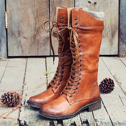Brown Vintage Lace Up Combat Rider Long High Heels Boots Shoes