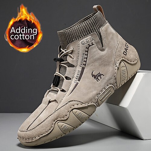 

Men's Boots Retro Handmade Shoes Walking Vintage Casual Outdoor Daily Leather Warm Height Increasing Comfortable Loafer Black khaki Grey Fall Winter