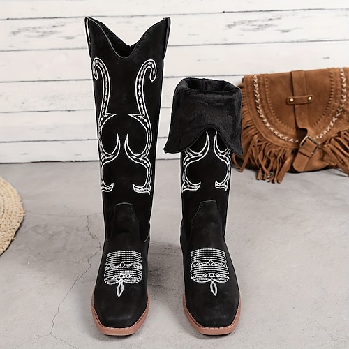 

Femme Bottes Bottes Cow boy Grandes Tailles Extérieur du quotidien Bottes mi-mollet Hiver Broderie Talon Bottier Bout rond Mode Confort Minimalisme Marche Polyuréthane Mocassins Couleur unie Broderie