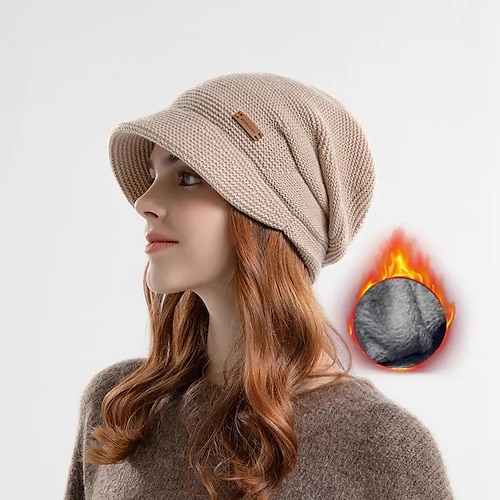 

1 шт. теплая зимняя шапка-бини с короткими полями для женщин - термовязаная фактурная флисовая мешковатая шапка для езды на велосипеде