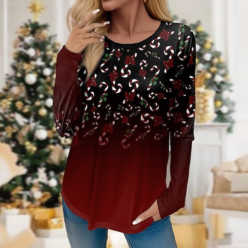 

Femme T shirt Tee Chemise de Noël Noir Rouge Bleu Noël laid Imprimer manche longue Noël Fin de semaine Fête / Célébration Col Rond Standard Peinture Printemps Automne