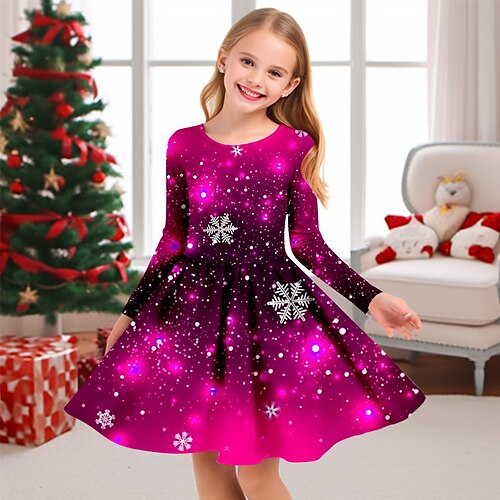 

Girls' 3D Snowflake Dress Long Sleeve 3D Print Fall Winter Sports & Outdoor Daily Holiday Cute Casual Beautiful Kids 3-12 Years Casual Dress A Line Dress Above Knee Polyester Regular Fit