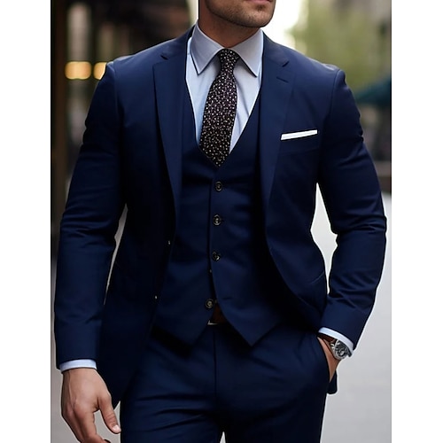 

Blue Black Burgundy Men's Wedding Suits 3 Piece Solid Colored Slim Fit Single Breasted Two-buttons 2023