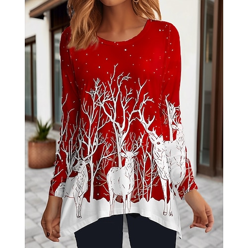 

Mulheres Camiseta Camisa de Natal Vermelho Rena Túnica esvoaçante Imprimir Manga Longa Natal Final de semana Festival / feriado Decote Redondo Normal Pintura Primavera Outono